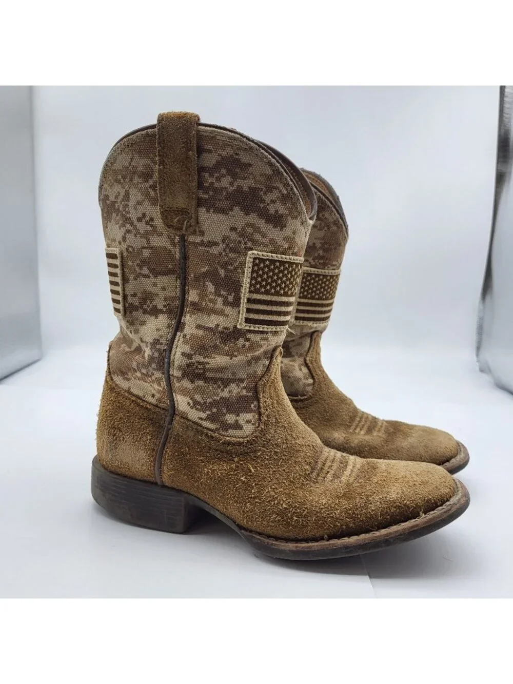 Ariat Patriot Flag Western Kids Cowboy Sand Camo Brown Suede Boots Youth Size 12